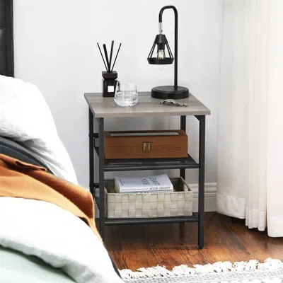 Quikfurn Modern Industrial Side Table Nightstand In Black Metal With Grey Beige Wood Top In Orange
