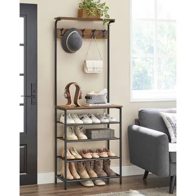 Quikfurn Modern Industrial Style Hall Tree Coat Rack Entryway Shoe Rack With 4 Shelves