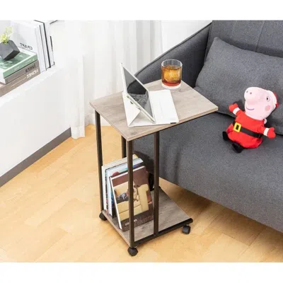 Quikfurn Modern Industrial Style Metal Wood Tv Tray Bedside Table With Removable Casters In Red