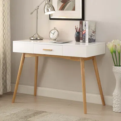 Quikfurn Modern Laptop Writing Desk In White With Natural Mid-century Style Legs