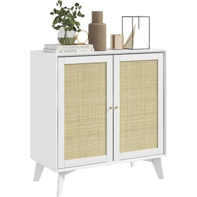 Quikfurn Modern Mid-century Rattan Sideboard Buffet Table Dining Storage Cabinet In White