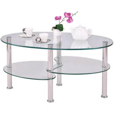 Quikfurn Modern Oval Tempered Glass Coffee Table With Bottom Shelf