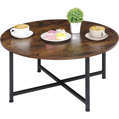 Quikfurn Modern Round Industrial Coffee Table With Rustic Brown Wood Top