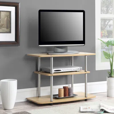 Quikfurn Modern Tv Stand Light Oak Wood Finish With Sturdy Stainless Steel Poles