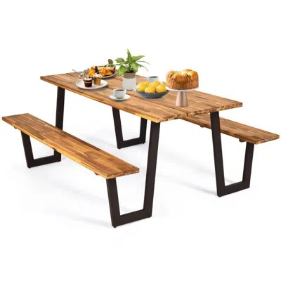 Quikfurn Modern Wooden Picnic Table With 2 Benches Outdoor Patio Dining Set