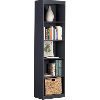 Quikfurn Narrow 5-shelf Bookcase Slim Storage Shelving Unit Dark Blue Black Wood Finish