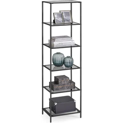 Quikfurn Narrow Glass Shelves Bookcase 5-shelf Shelving Unit With Black Grey Metal Frame