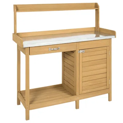 Quikfurn Natural Fir Wood Potting Bench Garden Work Table With Metal Top