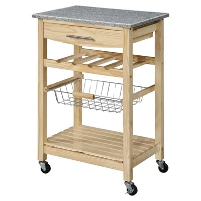 Quikfurn Natural Wood Finish Kitchen Island Cart With Granite Top