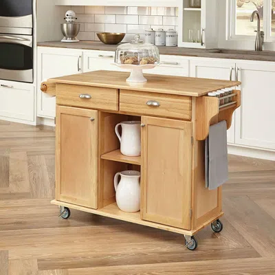Quikfurn Natural Wood Finish Kitchen Island Cart With Locking Casters