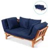 Quikfurn Navy Blue Outdoor Acacia Wood Convertible Sofa Futon With 4 Removable Pillows