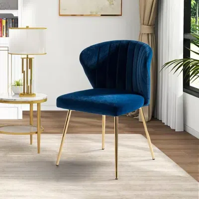Quikfurn Navy Blue Velvet Upholstered Wingback Accent Side Chair W/ Gold Metal Legs