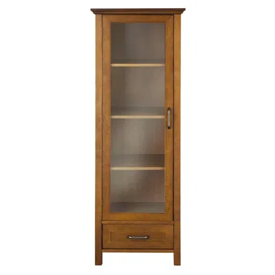 Quikfurn Oak Finish Linen Tower Glass Door Bathroom Storage Cabinet W/ Drawer In Blue