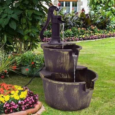 Quikfurn Outdoor 2-tier Rustic Barrel Water Fountain With Submersible Pump