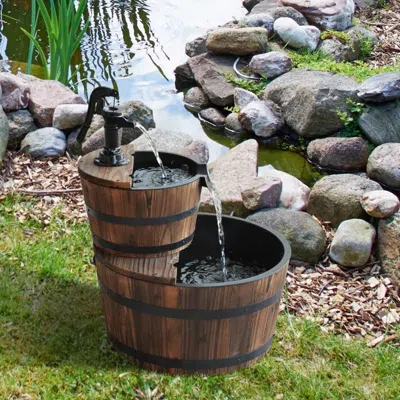 Quikfurn Outdoor 2-tier Solid Wood Whisky Barrel Waterfall Fountain With Electric Pump