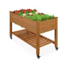Quikfurn Outdoor Brown Wood Raised Garden Bed Planter Box With Shelf And Locking Wheels