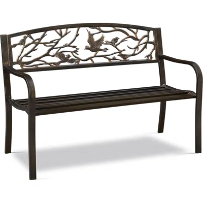 Quikfurn Outdoor Cast Iron Garden Bench In Bronze Metal Finish With Bird Pattern Backrest