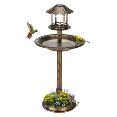 Quikfurn Outdoor Garden Birdbath In Bronze Finish With Solar Light