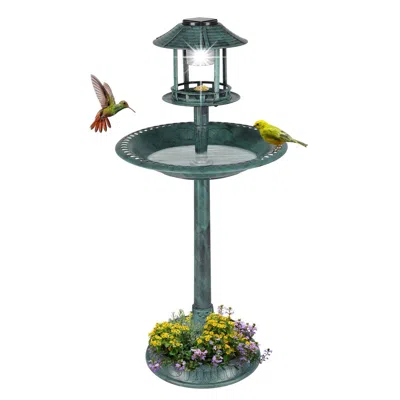 Quikfurn Outdoor Garden Birdbath In Green Copper Patina Finish With Solar Light