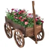 Quikfurn Outdoor Garden Fir Wood Barrel Planter Wagon On Wooden Wheels