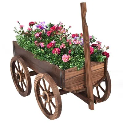 Quikfurn Outdoor Garden Fir Wood Barrel Planter Wagon On Wooden Wheels