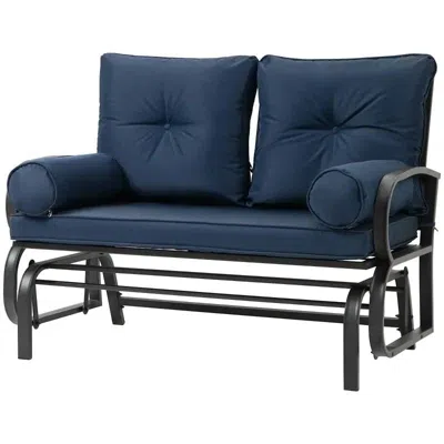 Quikfurn Outdoor Garden Patio Rocking Glider Chair Loveseat With Navy Blue Cushions