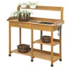 Quikfurn Outdoor Garden Wood Potting Bench Work Table With Sink In Light Wood Finish