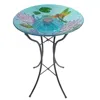 Quikfurn Outdoor Glass Bowl Bird Bath With Black Metal Stand And Solar Powered Light