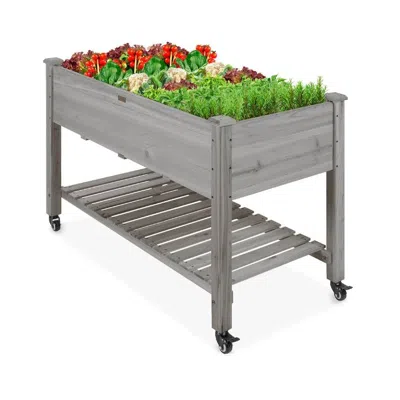 Quikfurn Outdoor Grey Wood Raised Garden Bed Planter Box With Shelf And Locking Wheels In Gray