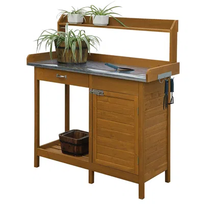 Quikfurn Outdoor Home Garden Potting Bench With Metal Table Top And Storage Cabinet