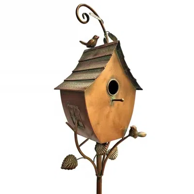 Quikfurn Outdoor Powder Coated Iron Birdhouse With 3-prong Garden Stake In Copper Finish