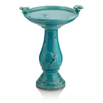 Quikfurn Outdoor Turquoise Blue Ceramic Birdbath
