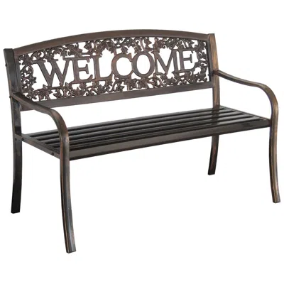Quikfurn Outdoor Weather Resistant Metal Garden Bench With Welcome Floral Back