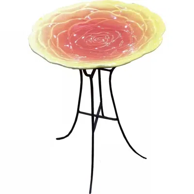 Quikfurn Outdoor Yellow Pink Ceramic Floral Birdbath With Metal Stand