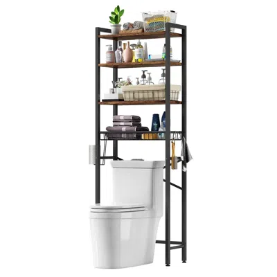 Quikfurn Over The Toilet Storage Freestanding Industrial Metal Wood Shelving Unit In Black