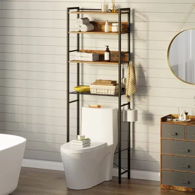 Quikfurn Over The Toilet Storage Freestanding Modern Black Metal Brown Wood Shelving Unit In White