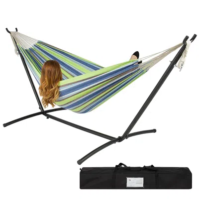 Quikfurn Portable Blue Green Stripe Cotton Hammock With Metal Stand And Carry Case
