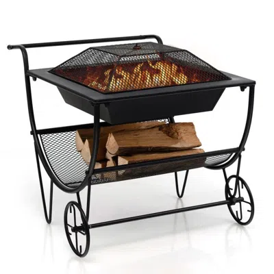Quikfurn Portable Outdoor Wheeled Log Storage Rack And Wood Burning Fire Pit