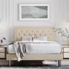 QUIKFURN QUEEN ADJUSTABLE HEIGHT PLATFORM BED FRAME WITH BEIGE UPHOLSTERED HEADBOARD