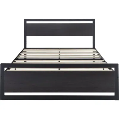 Quikfurn Queen Black Metal Platform Bed Frame With Wood Panel Headboard And Footboard