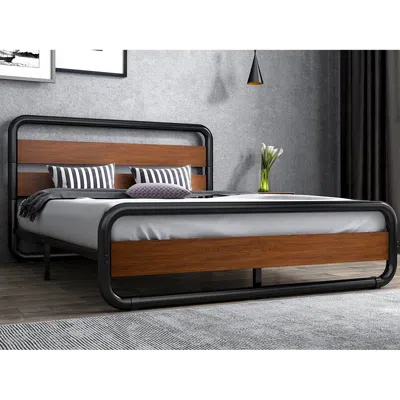 Quikfurn Queen Heavy Duty Modern Industrial Metal Wood Platform Bed Frame With Headboard