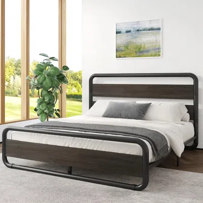 Quikfurn Queen Heavy Duty Round Metal Frame Platform Bed With Black Wood Panel Headboard In Blue