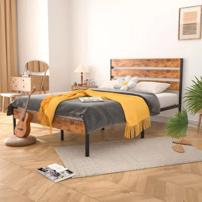 Quikfurn Queen Industrial Platform Bed Frame With Brown Wood Slatted Headboard Footboard