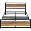 Quikfurn Queen Metal Platform Bed Frame With Brown Wood Panel Headboard And Footboard