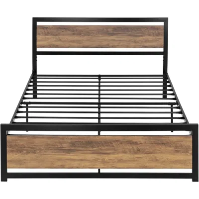 Quikfurn Queen Metal Platform Bed Frame With Brown Wood Panel Headboard And Footboard