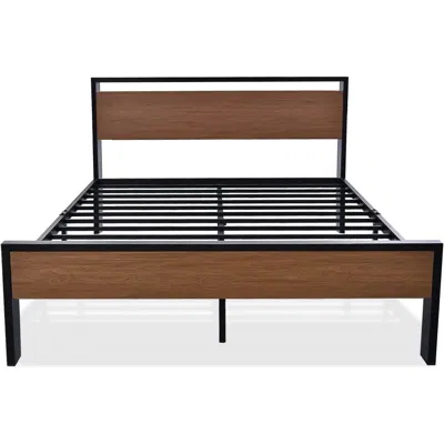 Quikfurn Queen Metal Platform Bed With Walnut Finish Wood Panel Headboard Footboard