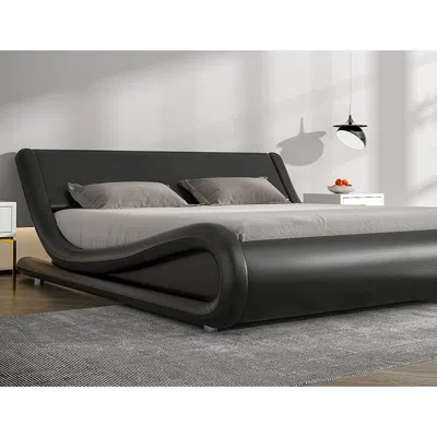 Quikfurn Queen Modern Black Faux Leather Upholstered Platform Bed Frame With Headboard