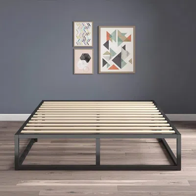 Quikfurn Queen Size 10-inch Low Profile Modern Metal Wood Slat Platform Bed Frame In Gray