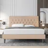 Quikfurn Queen Size Beige Linen Platform Bed Frame With Button Tufted Headboard