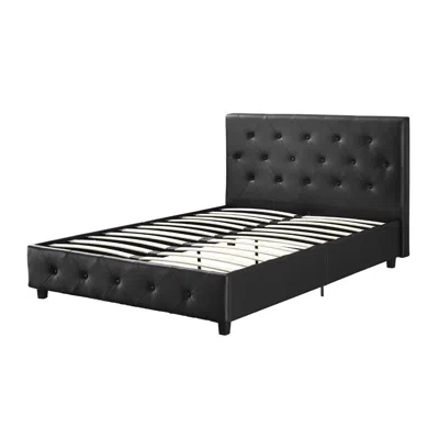 Quikfurn Queen Size Black Faux Leather Upholstered Platform Bed With Button Tufted Headboard